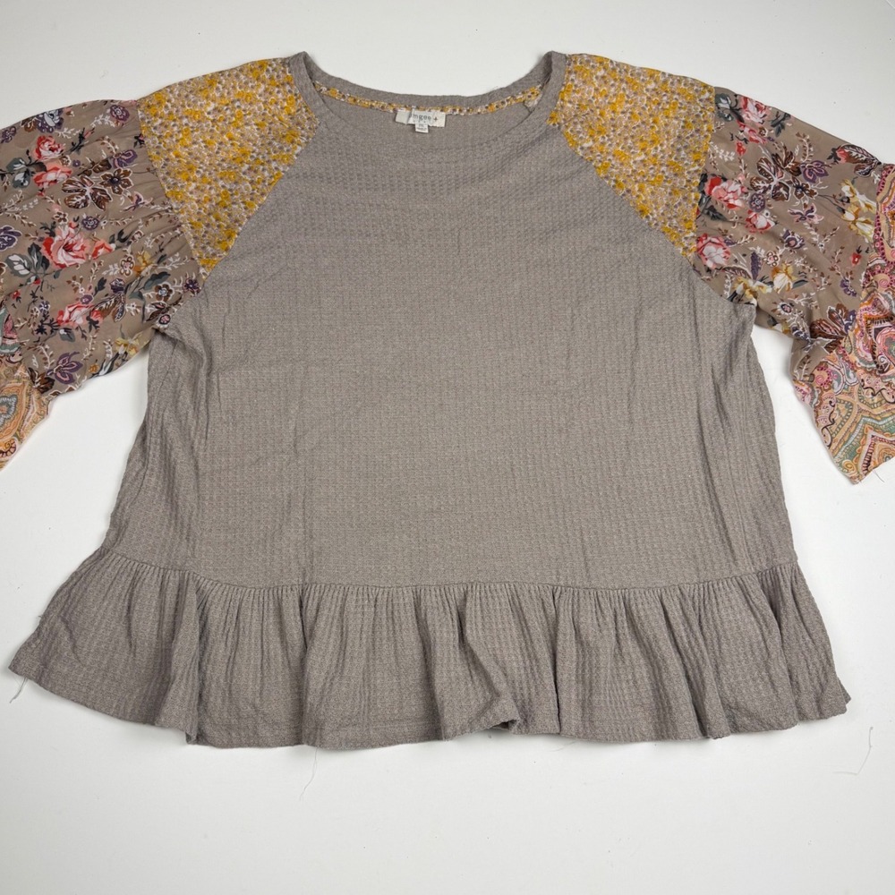 Umgee Plus Womens 2XL Top Fall Grey Yellow Flowy Floral Paisley Ruffle Sleeve